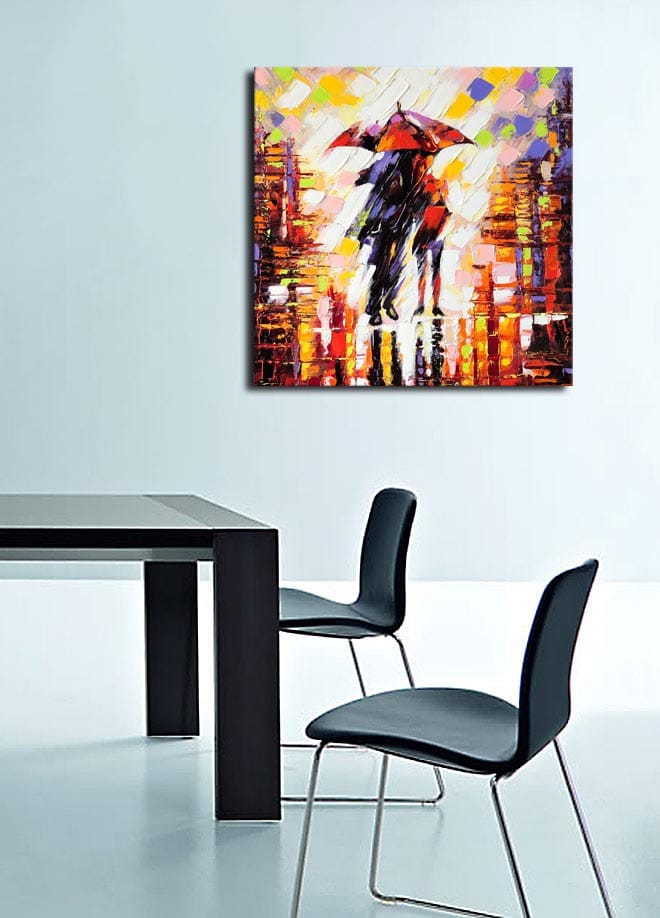 Canvastavla 45x45 cm - Silhuett av en person med paraply i en färgglad stadsmiljö - Röd / Orange / Svart - Inredning - Tavlor & konst - Canvastavlor