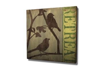 Canvastavla 45x45 cm - Silhuetter av fåglar på en gren med texten RETREAT i bakgrunden - Mörkbrun / Grön / Beige - Inredning - Tavlor & konst - Canvastavlor