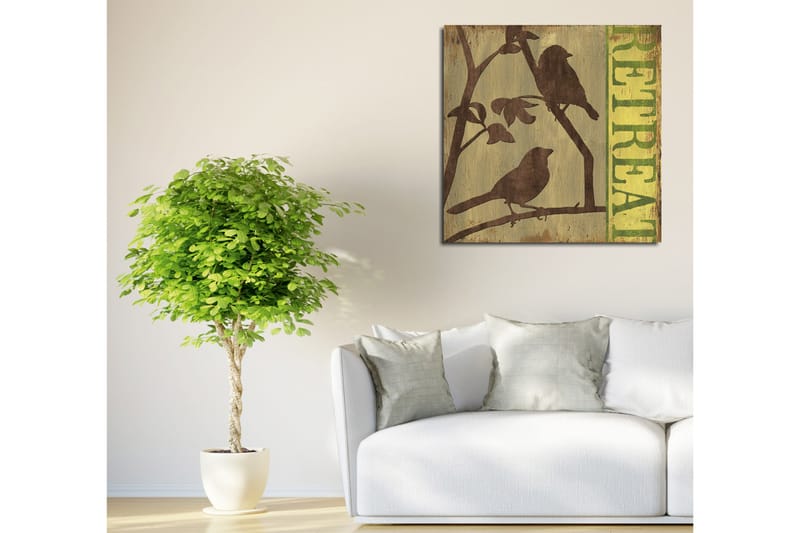 Canvastavla 45x45 cm - Silhuetter av fåglar på en gren med texten RETREAT i bakgrunden - Mörkbrun / Grön / Beige - Inredning - Tavlor & konst - Canvastavlor
