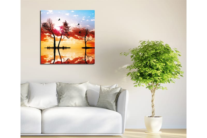Canvastavla 45x45 cm - Silhuetter av träd vid en solnedgång med reflektioner i vattnet - Orange / Rosa / Blå - Inredning - Tavlor & konst - Canvastavlor