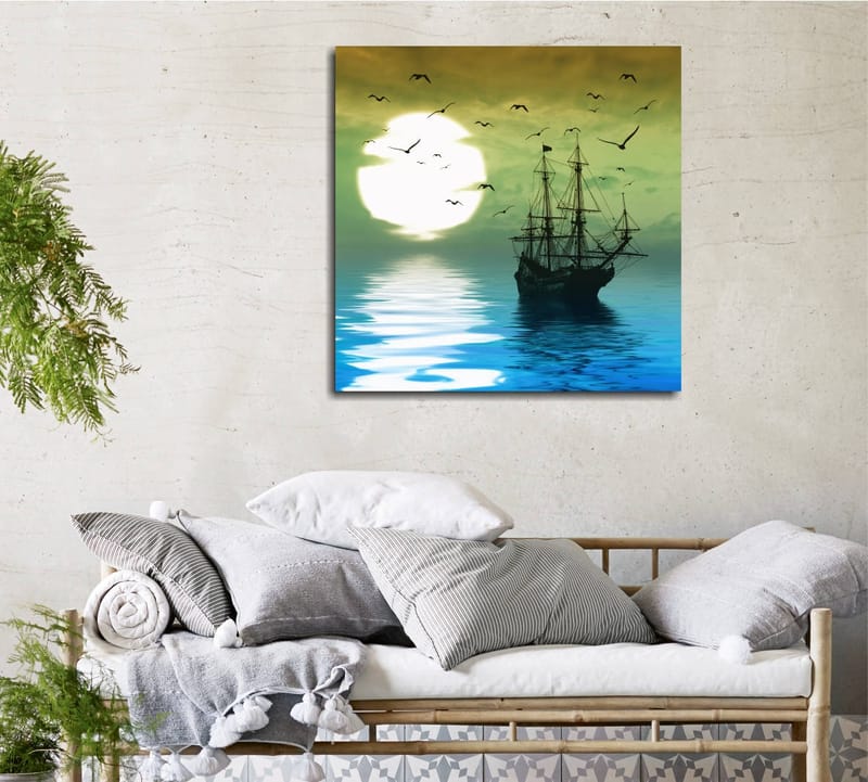 Canvastavla 45x45 cm - Skepp på spegelblanka vattenytor under en stämningsfull solnedgång, Mörkblå / Grön / Vit