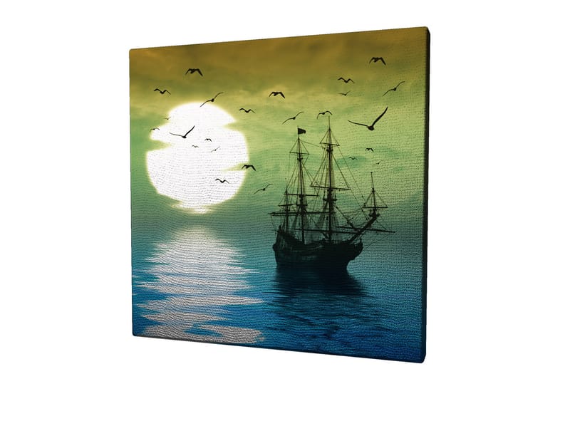 Canvastavla 45x45 cm - Skepp på spegelblanka vattenytor under en stämningsfull solnedgång - Mörkblå / Grön / Vit - Inredning - Tavlor & konst - Canvastavlor