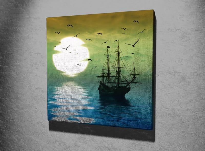 Canvastavla 45x45 cm - Skepp på spegelblanka vattenytor under en stämningsfull solnedgång - Mörkblå / Grön / Vit - Inredning - Tavlor & konst - Canvastavlor