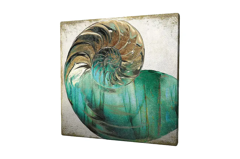 Canvastavla 45x45 cm - Snäcka med spiralformad struktur och turkosa nyanser, Turkos / Guld / Vit