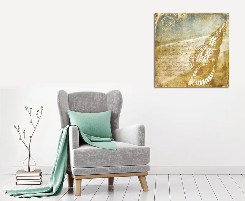 Canvastavla 45x45 cm - Snäcka med vintage-inspirerad bakgrund och handskriven text, Beige / Brun / Ljusblå