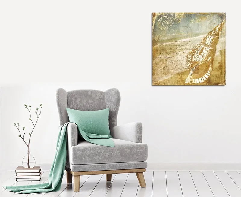 Canvastavla 45x45 cm - Snäcka med vintage-inspirerad bakgrund och handskriven text, Beige / Brun / Ljusblå