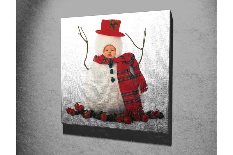 Canvastavla 45x45 cm - Snögubbe med röd hatt och scarf, omgiven av tomtar - Vit / Röd / Svart - Inredning - Tavlor & konst - Canvastavlor