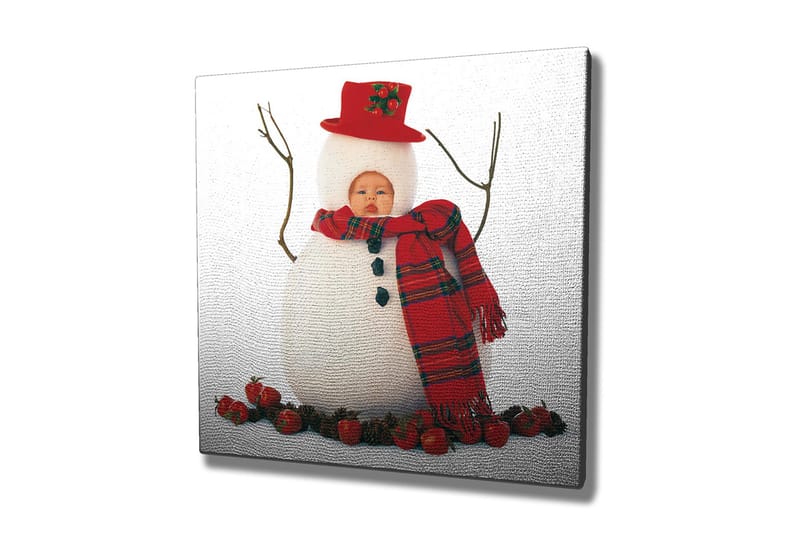 Canvastavla 45x45 cm - Snögubbe med röd hatt och scarf, omgiven av tomtar - Vit / Röd / Svart - Inredning - Tavlor & konst - Canvastavlor