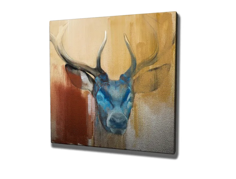 Canvastavla 45x45 cm - Ståtlig hjort med blått huvud och majestätiska horn - Blå / Brun / Beige - Inredning - Tavlor & konst - Canvastavlor