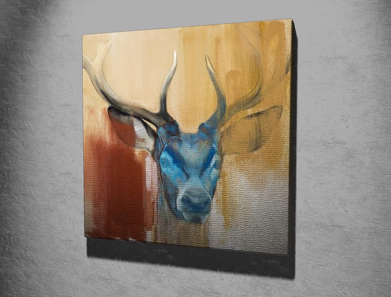 Canvastavla 45x45 cm - Ståtlig hjort med blått huvud och majestätiska horn - Blå / Brun / Beige - Inredning - Tavlor & konst - Canvastavlor