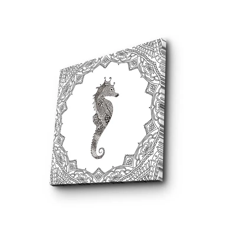 Canvastavla 45x45 cm - Stilig sjöhäst i detaljrik ram, Svart / Vitt