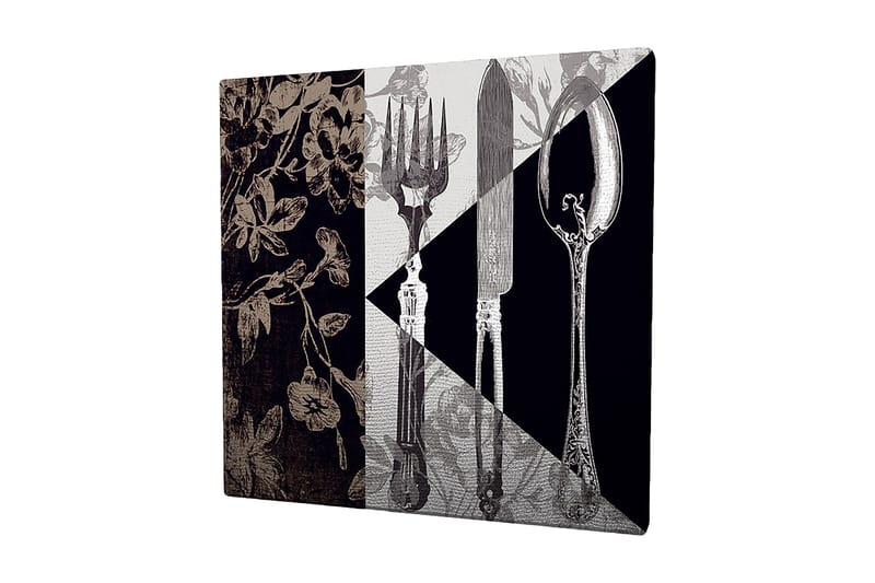 Canvastavla 45x45 cm - Stiliserad komposition av bestick och blommor - Svart / Grå / Beige - Inredning - Tavlor & konst - Canvastavlor