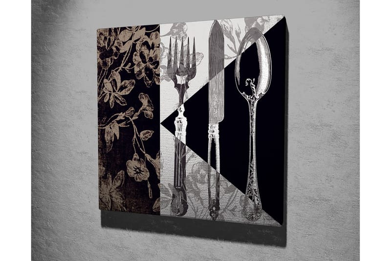 Canvastavla 45x45 cm - Stiliserad komposition av bestick och blommor - Svart / Grå / Beige - Inredning - Tavlor & konst - Canvastavlor
