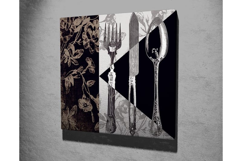 Canvastavla 45x45 cm - Stiliserad komposition av bestick och blommor - Svart / Grå / Beige - Inredning - Tavlor & konst - Canvastavlor