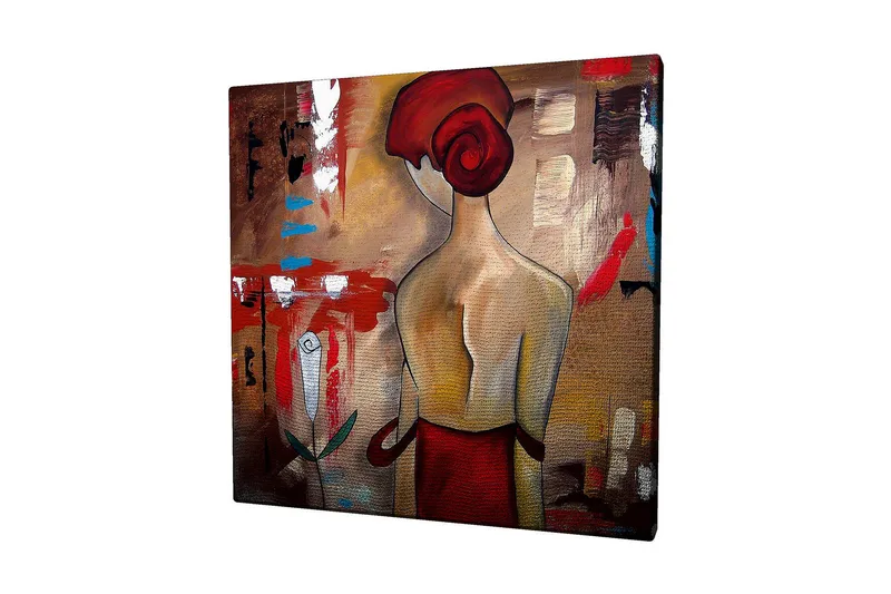Canvastavla 45x45 cm - Stiliserad kvinna med röd hårknut och röd klänning - Röd / Beige / Svart - Inredning - Tavlor & konst - Canvastavlor