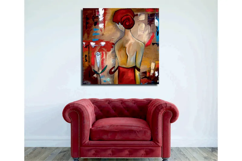 Canvastavla 45x45 cm - Stiliserad kvinna med röd hårknut och röd klänning - Röd / Beige / Svart - Inredning - Tavlor & konst - Canvastavlor