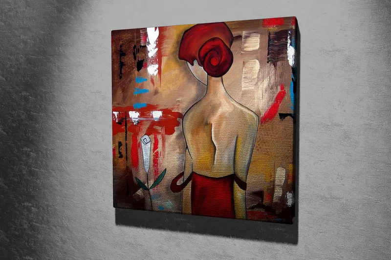 Canvastavla 45x45 cm - Stiliserad kvinna med röd hårknut och röd klänning - Röd / Beige / Svart - Inredning - Tavlor & konst - Canvastavlor