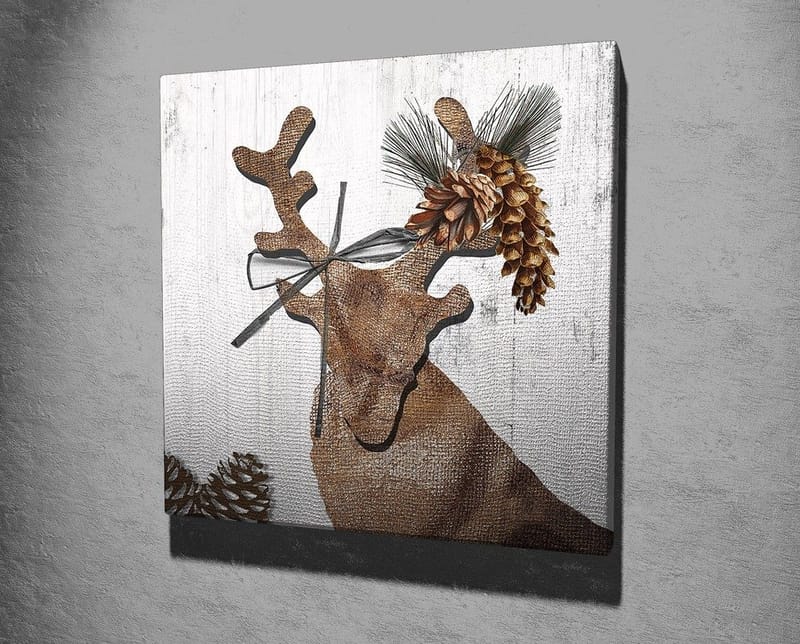 Canvastavla 45x45 cm - Stiliserad ren med kottar och grönska som dekoration - Brunt / Beige / Grönt - Inredning - Tavlor & konst - Canvastavlor