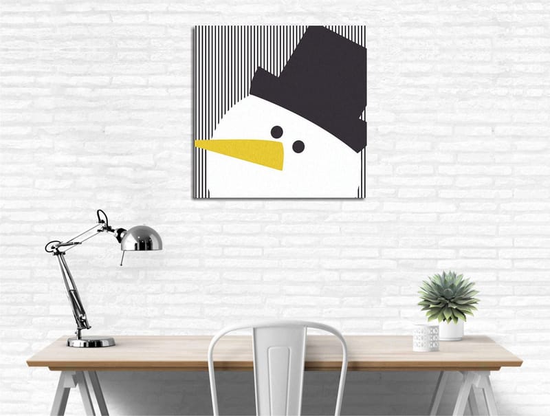 Canvastavla 45x45 cm - Stiliserad snögubbe med hatt och gul näbb - Svart / Vitt / Gult - Inredning - Tavlor & konst - Canvastavlor