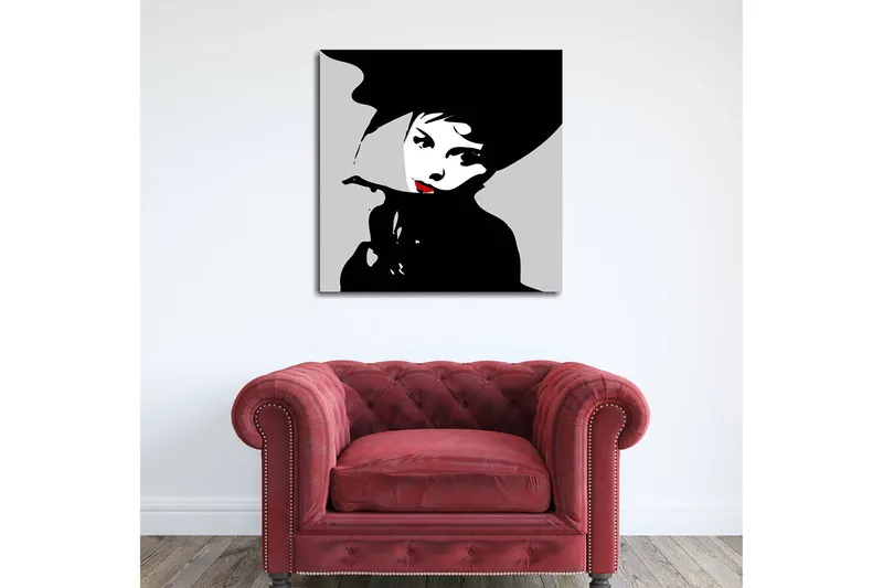 Canvastavla 45x45 cm - Stiliserad porträtt av en kvinna med hatt och röd läppstift, Svart / Vitt / Grått