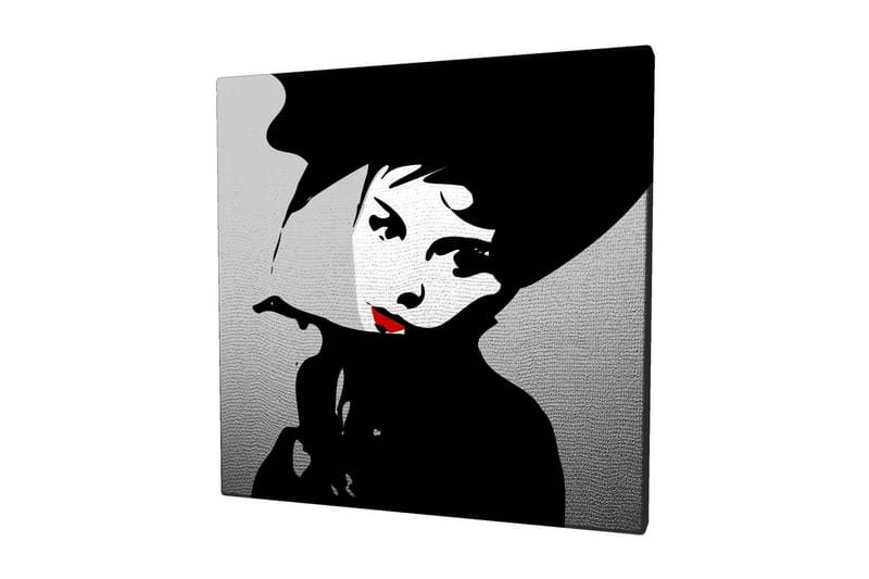 Canvastavla 45x45 cm - Stiliserad porträtt av en kvinna med hatt och röd läppstift - Svart / Vitt / Grått - Inredning - Tavlor & konst - Canvastavlor