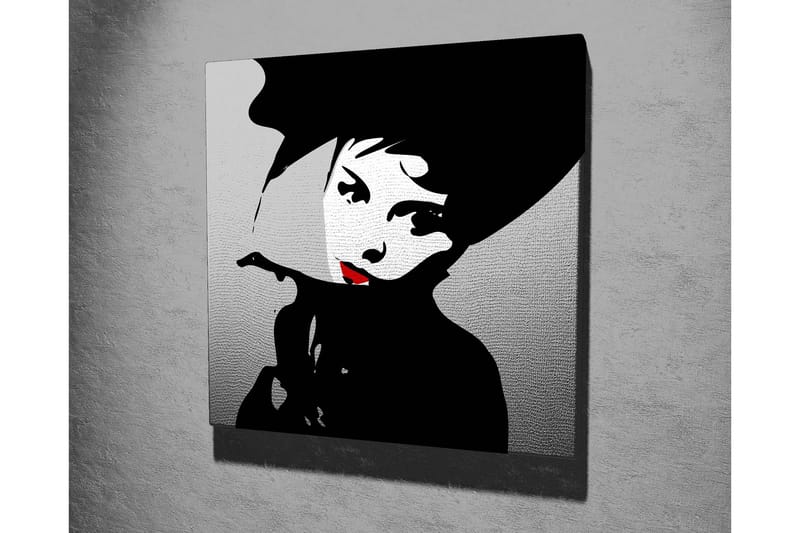 Canvastavla 45x45 cm - Stiliserad porträtt av en kvinna med hatt och röd läppstift - Svart / Vitt / Grått - Inredning - Tavlor & konst - Canvastavlor