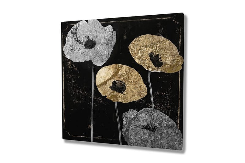 Canvastavla 45x45 cm - Stiliserade blommor i silver och guld mot en svart bakgrund - Silver / Guld / Svart - Inredning - Tavlor & konst - Canvastavlor