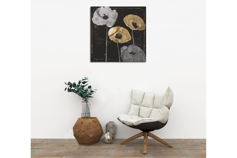 Canvastavla 45x45 cm - Stiliserade blommor i silver och guld mot en svart bakgrund - Silver / Guld / Svart - Inredning - Tavlor & konst - Canvastavlor