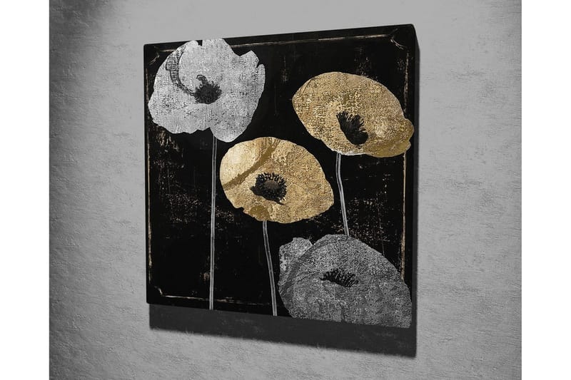 Canvastavla 45x45 cm - Stiliserade blommor i silver och guld mot en svart bakgrund - Silver / Guld / Svart - Inredning - Tavlor & konst - Canvastavlor