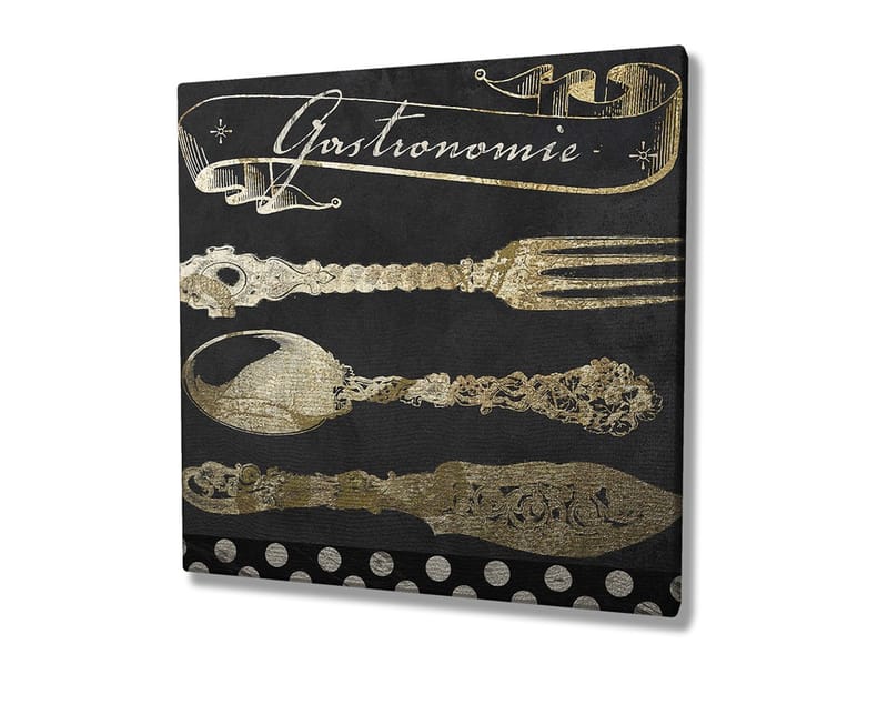 Canvastavla 45x45 cm - Stiliserade köksredskap i guld mot en mörk bakgrund - Guld / Svart - Inredning - Tavlor & konst - Canvastavlor