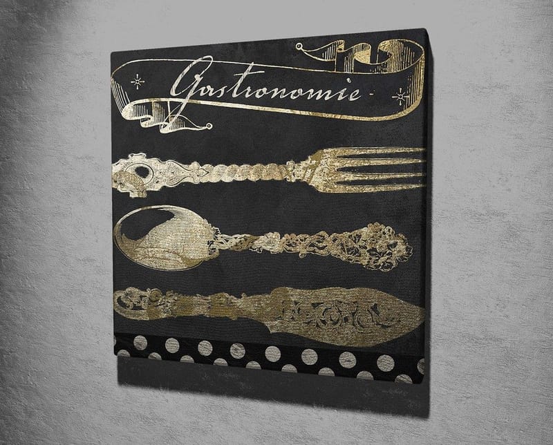Canvastavla 45x45 cm - Stiliserade köksredskap i guld mot en mörk bakgrund - Guld / Svart - Inredning - Tavlor & konst - Canvastavlor