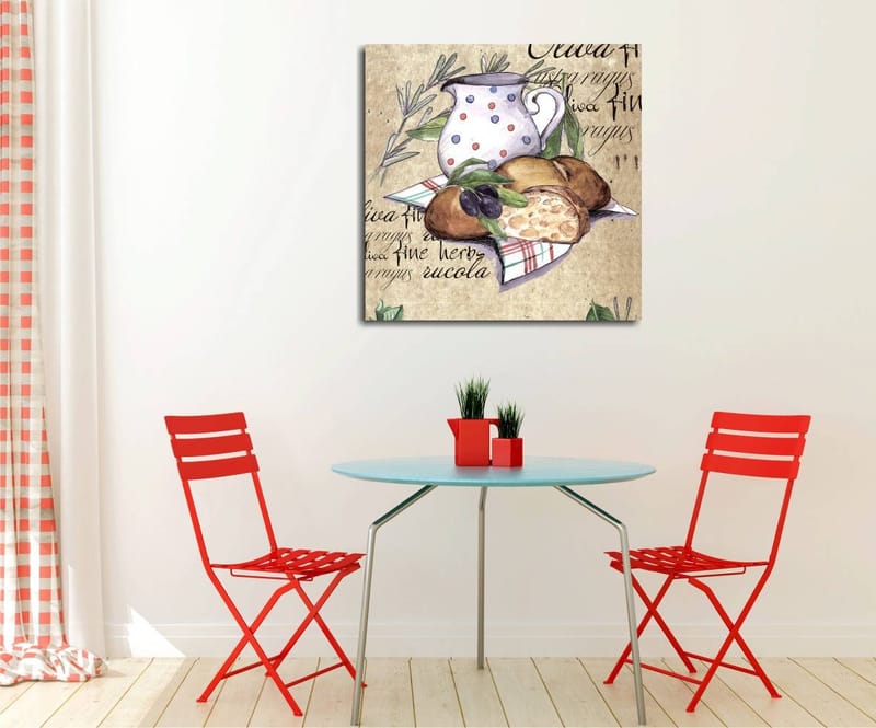 Canvastavla 45x45 cm - Stillhet med en kanna, bröd och oliver på en duk - Beige / Grön / Brun - Inredning - Tavlor & konst - Canvastavlor