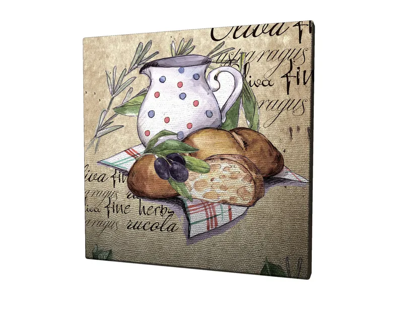Canvastavla 45x45 cm - Stillhet med en kanna, bröd och oliver på en duk - Beige / Grön / Brun - Inredning - Tavlor & konst - Canvastavlor