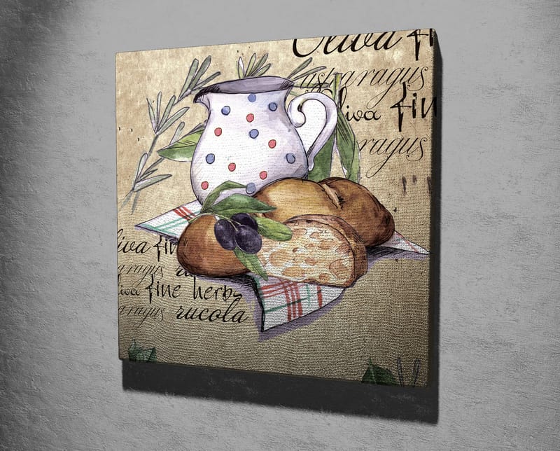 Canvastavla 45x45 cm - Stillhet med en kanna, bröd och oliver på en duk - Beige / Grön / Brun - Inredning - Tavlor & konst - Canvastavlor