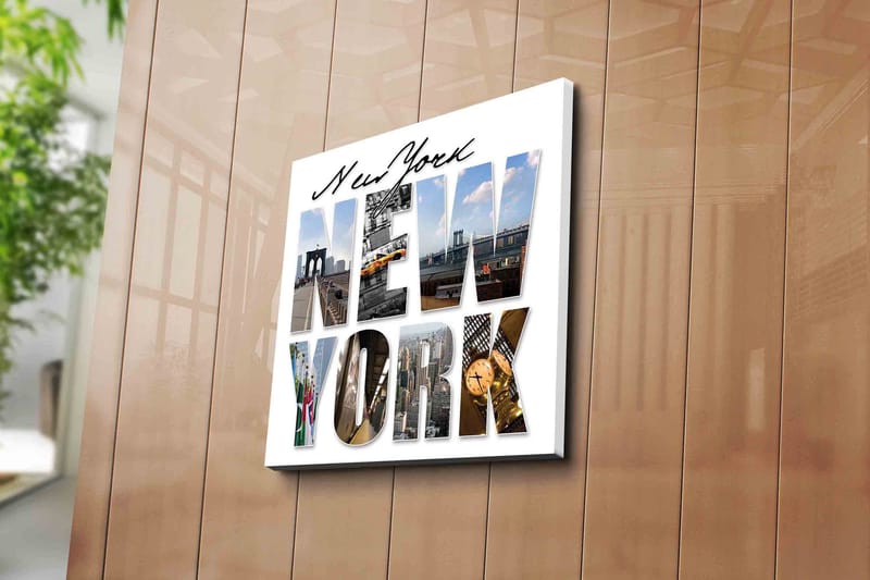 Canvastavla 45x45 cm - Storslagen collage av New Yorks ikoniska landmärken - Gult / Blått / Grått - Inredning - Tavlor & konst - Canvastavlor