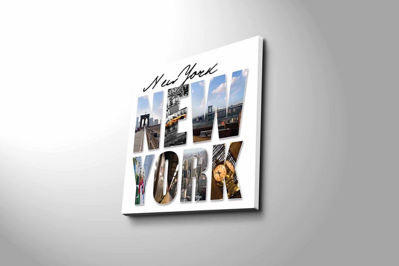 Canvastavla 45x45 cm - Storslagen collage av New Yorks ikoniska landmärken - Gult / Blått / Grått - Inredning - Tavlor & konst - Canvastavlor