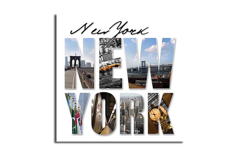 Canvastavla 45x45 cm - Storslagen collage av New Yorks ikoniska landmärken, Gult / Blått / Grått