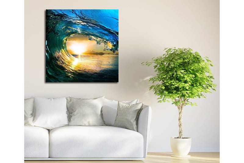 Canvastavla 45x45 cm - Storslagen våg som fångar solnedgångens ljus - Blå / Grön / Gyllene - Inredning - Tavlor & konst - Canvastavlor