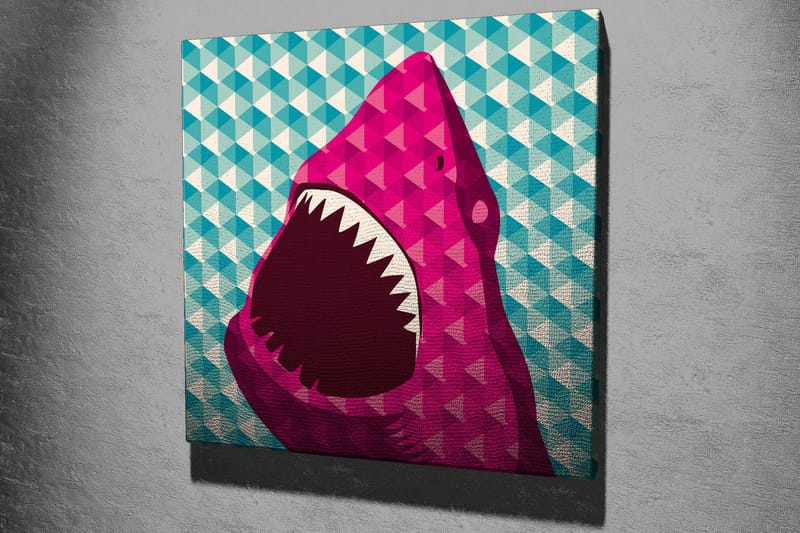 Canvastavla 45x45 cm - Stort, öppet hajhuvud i en färgglad stil - Rosa / Turkos / Vit - Inredning - Tavlor & konst - Canvastavlor