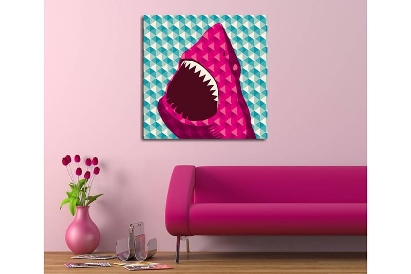 Canvastavla 45x45 cm - Stort, öppet hajhuvud i en färgglad stil - Rosa / Turkos / Vit - Inredning - Tavlor & konst - Canvastavlor