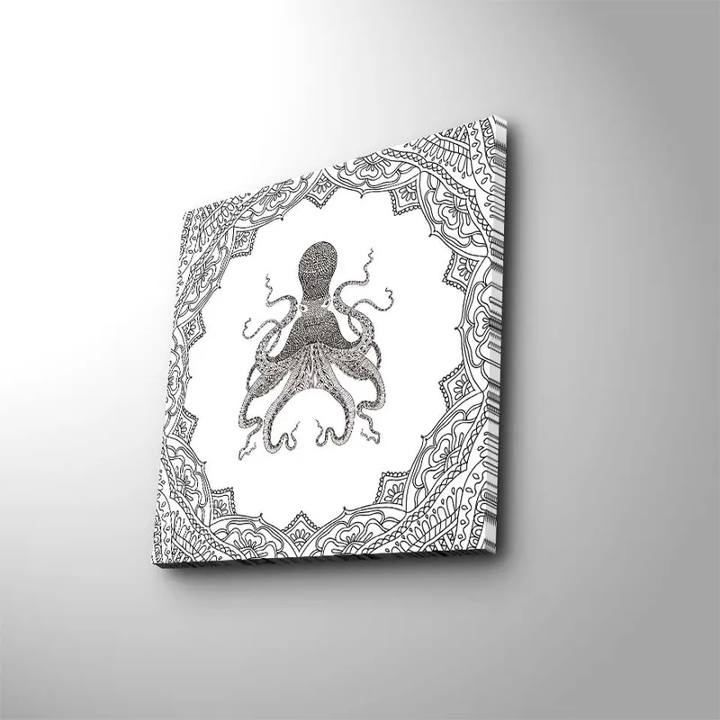 Canvastavla 45x45 cm - Svart bläckteckning av en bläckfisk omgiven av en dekorativ ram - Svart / Vitt - Inredning - Tavlor & konst - Canvastavlor