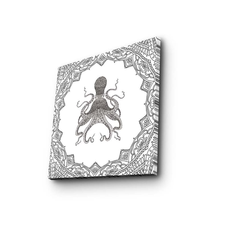 Canvastavla 45x45 cm - Svart bläckteckning av en bläckfisk omgiven av en dekorativ ram - Svart / Vitt - Inredning - Tavlor & konst - Canvastavlor