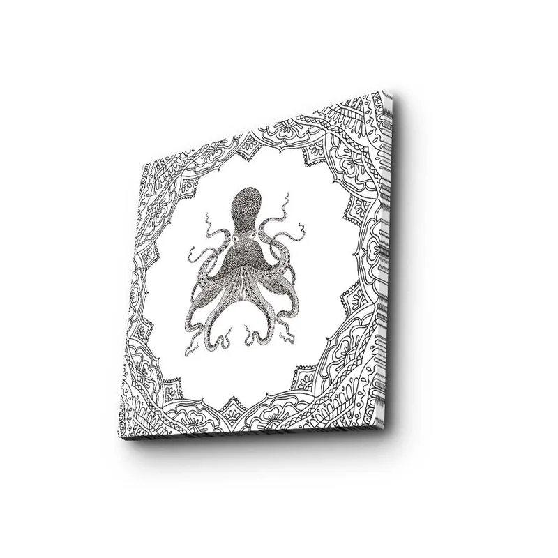 Canvastavla 45x45 cm - Svart bläckteckning av en bläckfisk omgiven av en dekorativ ram - Svart / Vitt - Inredning - Tavlor & konst - Canvastavlor