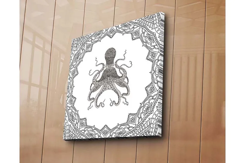Canvastavla 45x45 cm - Svart bläckteckning av en bläckfisk omgiven av intrikata mönster - Svart / Vitt - Inredning - Tavlor & konst - Canvastavlor