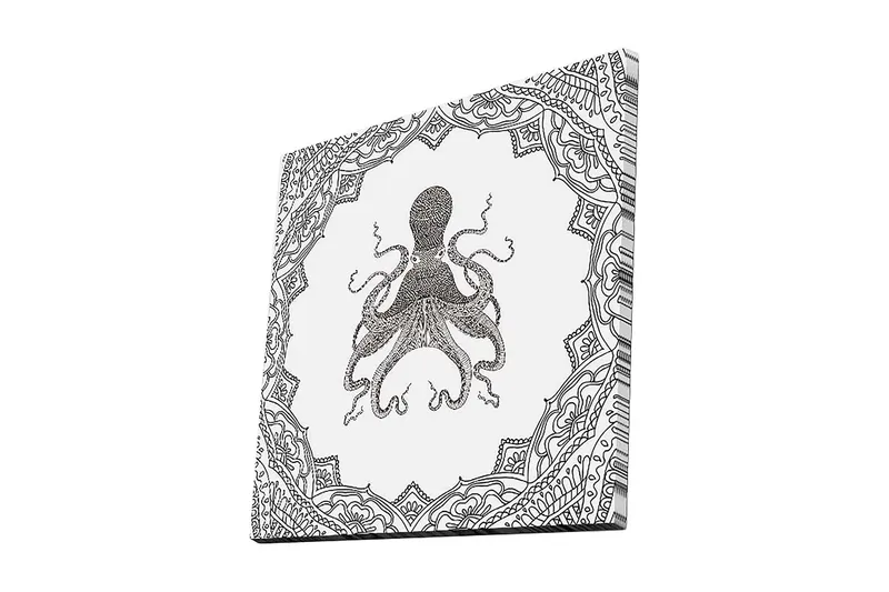 Canvastavla 45x45 cm - Svart bläckteckning av en bläckfisk omgiven av intrikata mönster, Svart / Vitt