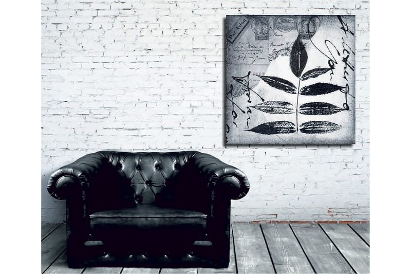 Canvastavla 45x45 cm - Svart silhuett av blad mot en grå bakgrund med handskriven text och poststämplar - Svart / Grå - Inredning - Tavlor & konst - Canvastavlor