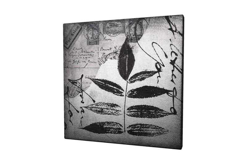 Canvastavla 45x45 cm - Svart silhuett av blad mot en grå bakgrund med handskriven text och poststämplar - Svart / Grå - Inredning - Tavlor & konst - Canvastavlor