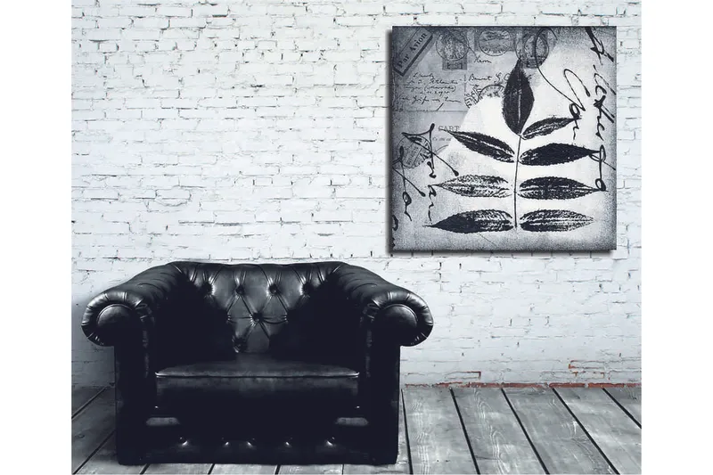 Canvastavla 45x45 cm - Svart silhuett av blad mot en grå bakgrund med handskriven text och poststämplar - Svart / Grå - Inredning - Tavlor & konst - Canvastavlor