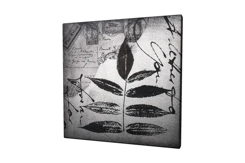 Canvastavla 45x45 cm - Svart silhuett av blad mot en grå bakgrund med handskriven text och poststämplar - Svart / Grå - Inredning - Tavlor & konst - Canvastavlor