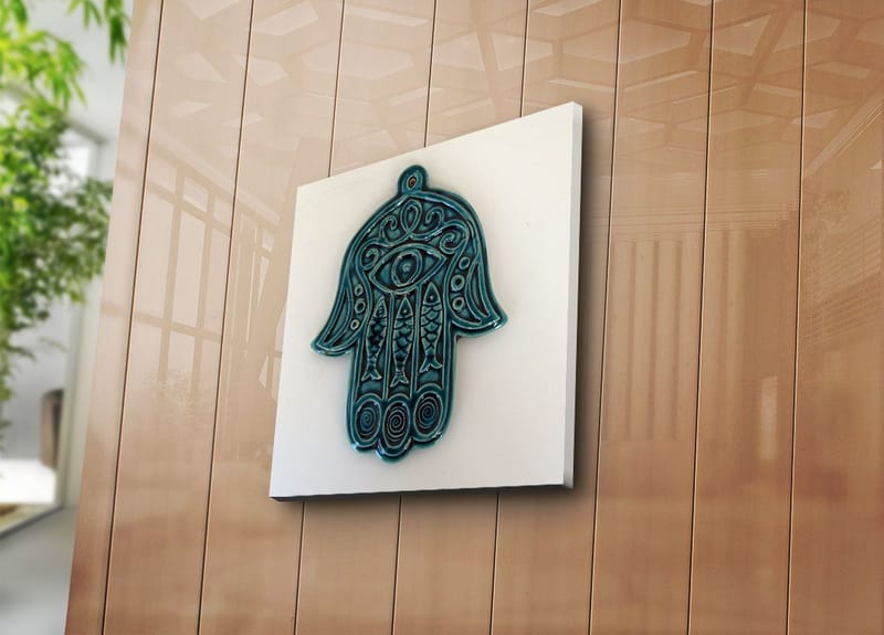 Canvastavla 45x45 cm - Symbolisk hand med öga och intrikata mönster - Turkos / Vit - Inredning - Tavlor & konst - Canvastavlor